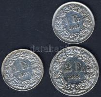 Svájc 1921+1945. 1Fr Ag 2klf db + 1939. 2Fr Ag T:2/3,3+ ph.