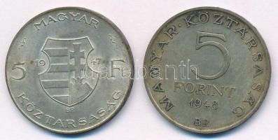 1947. 5Ft Ag "Kossuth" + 1948. 5Ft Ag "Petőfi" T:2-,3 patina Adamo F8.1, EM1