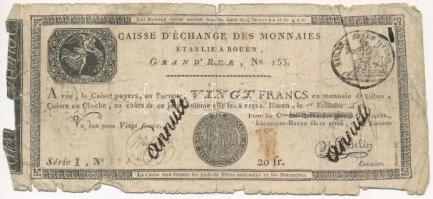 Franciaország / Rouen 1797-1803. 20Fr annulé (érvénytelen) felülbélyegzéssel T:IV  France Rouen 1797-1803. 20 Francs annulé (cancelled) C:G Krause#S245a