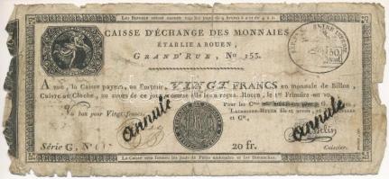 Franciaország / Rouen 1797-1803. 20Fr annulé (érvénytelen) felülbélyegzéssel T:IV  France Rouen 1797-1803. 20 Francs annulé (cancelled) C:G Krause#S245a