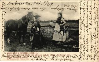 1901 Hortobágy, Csikós idyll a kútnál II. Pongrácz Géza kiadása és Kiss Ferencz eredeti fényképe (EK)