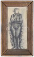 Bene jelzéssel: Álló női akt. Szén, papír. Üvegezett fa keretben, 30×14,5 cm