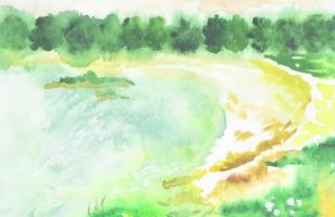 Bernáth A jelzéssel: Bányató. Akvarell, papír. Üvegezett fa keretben, 20×29 cm