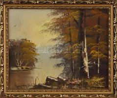 Neogrády László jelzéssel: Vízparti fák. Olaj, karton. Kopott, sérült fa keretben, 21×26 cm