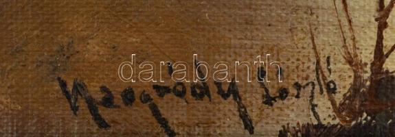 Neogrády László jelzéssel: Vízparti fák. Olaj, karton. Kopott, sérült fa keretben, 21×26 cm