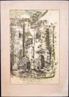 FK 1966 jelzéssel: Házak. Monotípia, papír, paszpartuban, lap tetején ragasztószalag maradvánnyal. 56×37,5 cm