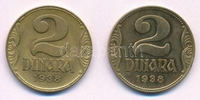 Jugoszlávia 1938. 2D Al-Br (nagy korona) + 1938. 2D Al-Br (kis korona) T:2 Yugoslavia 1938. 2 Dinara Al-Br (large crown) + 1938. 2 Dinara Al-Br (small crown) C:XF Krause KM#20, KM#21