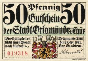 Német Birodalom/Weimari Köztársaság/Orlamünde 1921. 25Pf, 50Pf (6x), mind klf, teljes sor! T:I