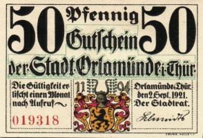 Német Birodalom/Weimari Köztársaság/Orlamünde 1921. 25Pf, 50Pf (6x), mind klf, teljes sor! T:I