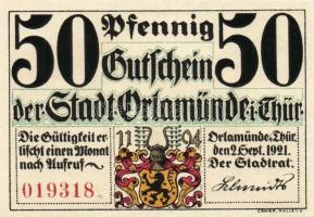 Német Birodalom/Weimari Köztársaság/Orlamünde 1921. 25Pf, 50Pf (6x), mind klf, teljes sor! T:I