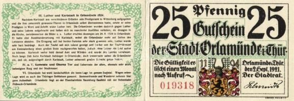 Német Birodalom/Weimari Köztársaság/Orlamünde 1921. 25Pf, 50Pf (6x), mind klf, teljes sor! T:I