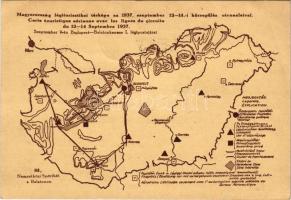 1937 Magyarország légiturisztikai térképe a szeptember 12-14-i körrepülés útvonalaival. Légi posta par Avion / Aviation Touristic Map of Hungary + 1938 Szeged Ipari Vásár So. Stpl (EK)