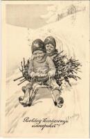 Boldog karácsonyi ünnepeket! / Christmas greeting with sledding children. B.K.W.I. 3067-5. s: K. Feiertag