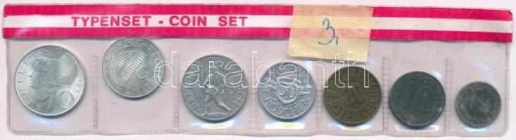 Ausztria 1947-1973. 1gr - 10Sch (7xklf) Typenset (típus sor) lezárt fóliatokban, 10Sch Ag érme T:1--2- Austria 1947-1973. 1 Groschen - 10 Schilling (7xdiff) Typenset in sealed foil packaging, with 10 Schilling Ag coin C:AU-VF