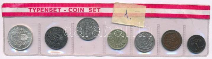Ausztria 1893-1918. 1h - 1K (7xklf) Typenset (típus sor) lezárt fóliatokban, 1K Ag érme T:1-2-  Austria 1893-1918. 1 Heller - 1 Corona (7xdiff) Typenset in sealed foil packaging, with 1 Corona Ag coin C:UNC-VF