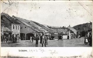 1903 Lippa, Lipova; Fő tér, utca, üzletek / main square, shops, street view (kis szakadás / small tear)