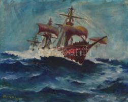 Marossy Gábor (?-?): Vitorláshajó háborgó tengeren. Olaj, vászon, sérült, jelzett és datált (934), fa keretben, 40x50 cm