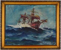 Marossy Gábor (?-?): Vitorláshajó háborgó tengeren. Olaj, vászon, sérült, jelzett és datált (934), f...