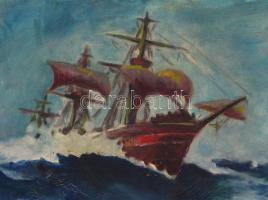 Marossy Gábor (?-?): Vitorláshajó háborgó tengeren. Olaj, vászon, sérült, jelzett és datált (934), f...