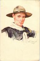 1932 Francia cserkész. Kiadja a Magyar Cserkész Szövetség / French boy scout, art postcard s: Márton L. (EK)