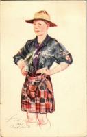 Skót cserkész. Kiadja a Magyar Cserkész Szövetség / Scottish boy scout, art postcard s: Márton L. (EK)