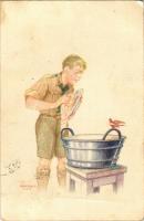 1932 A cserkész híven teljesíti kötelességét. A Magyar Cserkészszövetség kiadása / Hungarian boy scout art postcard s: Márton L. (fa)