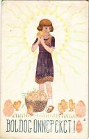 1917 Boldog Ünnepeket / Easter greeting art postcard, girl with chicken (EB)