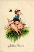 Boldog Újévet! / New Year greeting card, child riding a ping, clover. 1411-3.