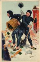 Boldog Újévet! / New Year greeting card, chimney sweepers on the roof. 2275. Import 201. litho