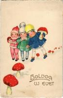 1940 Boldog Újévet! / New Year greeting card, children with mushrooms. H.W.B. Alabaster-Serie 3848. s: Hannes Petersen (EK)