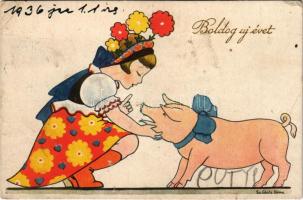 1936 Boldog Újévet! / Hungarian New Year greeting art postcard, folklore, pig s: Sz. Glatz Ilona (EB)