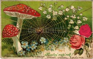 Stastny novy rok! / Czech New Year greeting postcard, mushroom, spider web, floral, Emb. litho (EB)