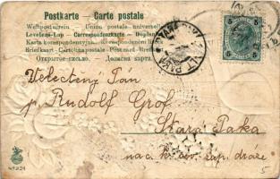 Stastny novy rok! / Czech New Year greeting postcard, mushroom, spider web, floral, Emb. litho (EB)