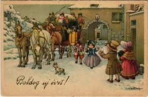 Boldog Újévet! / New Year greeting art postcard, children, horse-drawn carriage. N.M.M. 551/19. s: A. Bertiglia (EK)