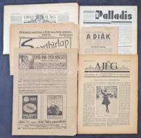 cca 1910-1940 Érdekes újság gyűjtemény ritkább lapokkal: Palladis, A diák, A jég, Építő ipar - építő művészet, Ország-világ, Sporthírlap