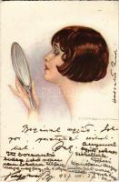 1927 Lady with mirror. Italian art postcard. Degami 60. Ross-Monopol s: T. Corbella (fl)
