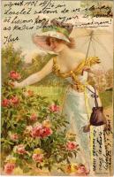 1902 Lady with roses in the garden. Serie 662. litho