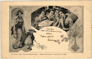 1899 Asian geishas. Art Nouveau art postcard. Theo. Stroefers Kunstverlag Künstler-Postkarte Serie VIII. Nr. 5550.