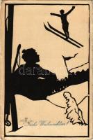 1921 Frohe Weihnachten! / Skiing, winter sport silhouette art postcard with Christmas greeting. Verlag Erich Matthes s: Theodor Schultze-Jasmer (EB)