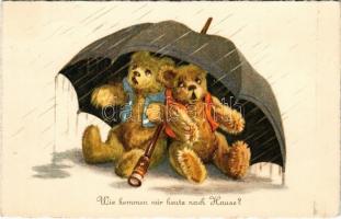 1930 Wie kommen wir heute nach Hause? / Bears under an umbrella in the rain. A.R. No. 2704.