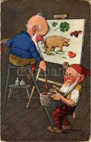 1911 Dwarves painting, pig and clover. T.S.N. Serie 785. s: T. M. (EK)