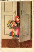 1932 Girl in traditional costumes, Hungarian folklore art postcard. Magyar Rotophot 900/6. s: Pólya T.