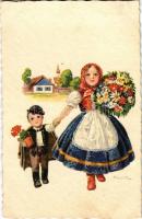 1932 Children in traditional costumes, Hungarian folklore art postcard. Magyar Rotophot 900/3. s: Pólya T.