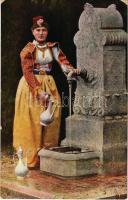 1916 Gruss aus Bosnien und Hercegovina / Bosnian folklore, lady getting water by the well. Typochrom L.B. J. Studnicka & Co. (Sarajevo) (EK)
