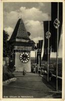 1939 Graz, Uhrturm in Festschmuck. Verlag L. Strohschneider / clock tower in festive decoration with swastika flags, NSDAP German Nazi Party propaganda + 1939 GRAZ VII. REICHSTAGUNG DER AUSLANDSDEUTSCHEN So. Stpl. (EK)