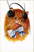 Cat with radio headphones. W.S.S.B. 8463/3. (fl)