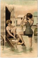 Ladies in swimsuits at the beach, slightly erotic litho art postcard (fl)