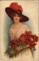 Lady with roses. Italian art postcard. Uff. Rev. Stampa Milano 326-1. s: Fisher (EB)