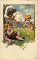 1923 Children in the uplands. Italian art postcard. Anna & Gasparini 318-3. s: Castelli (EK)