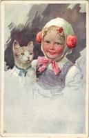Girl with cat. Children art postcard. B.K.W.I. 881-3. s: K. Feiertag (EK)